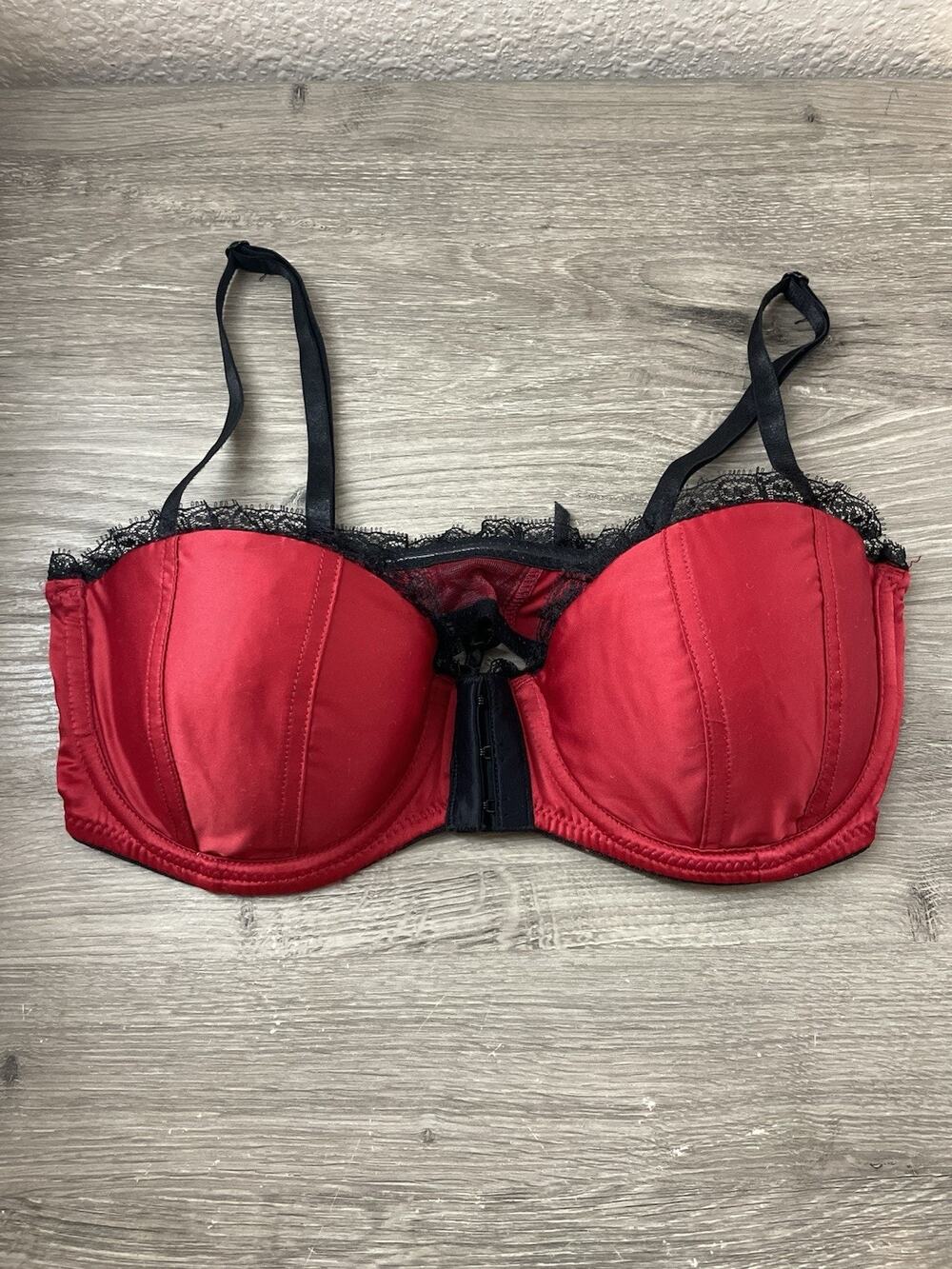 Victoria's Secret Red Satin & Black Lace Front Closure Balconette Bra 32C